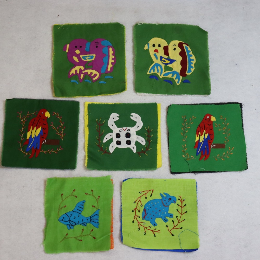 7-5x5" Mola Applique Patches Small Green Multicolor Unisex Hand Stitched Art